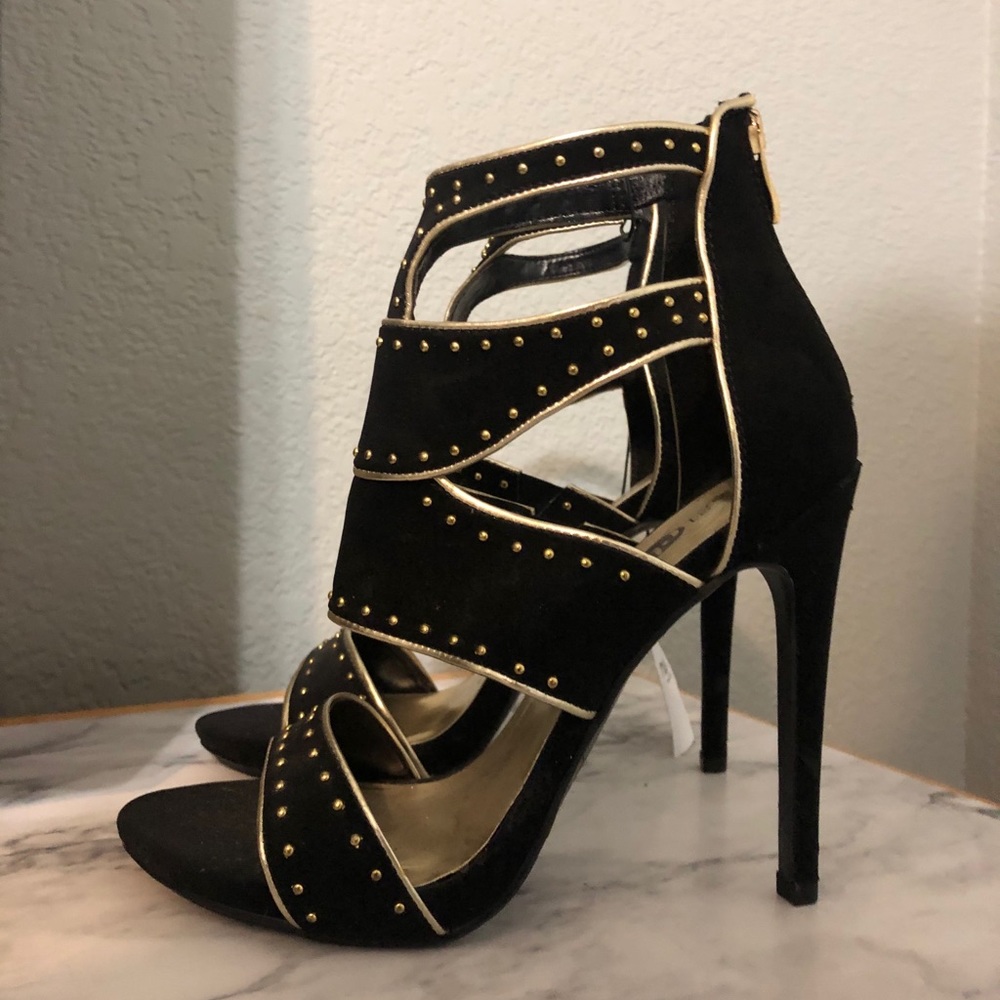 NEW Black Suede Heels with Gold accents